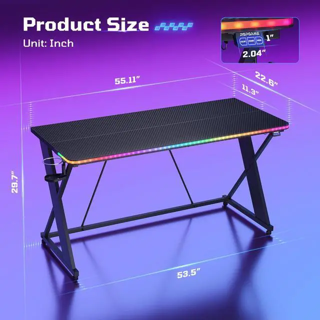 Alt view image 2 of 7 - 55'' Gaming Desk with LED Lights, X-Shaped Frame Computer Desk with Hook Cup Holder & Side Bag, Desk Gamer for Home Office - Black 3D Carbon Fiber