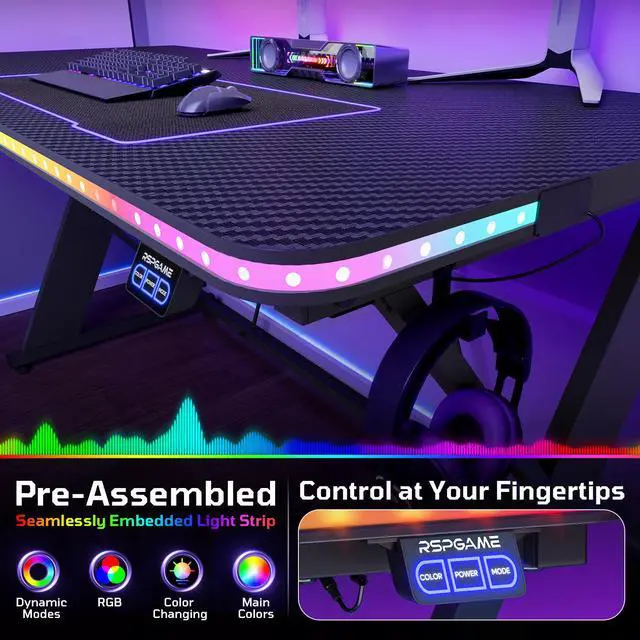 Alt view image 4 of 7 - 55'' Gaming Desk with LED Lights, X-Shaped Frame Computer Desk with Hook Cup Holder & Side Bag, Desk Gamer for Home Office - Black 3D Carbon Fiber