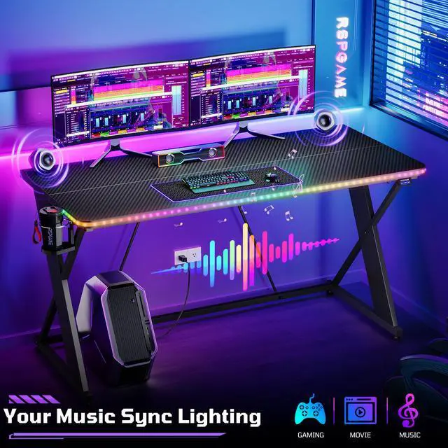 Alt view image 7 of 7 - 55'' Gaming Desk with LED Lights, X-Shaped Frame Computer Desk with Hook Cup Holder & Side Bag, Desk Gamer for Home Office - Black 3D Carbon Fiber