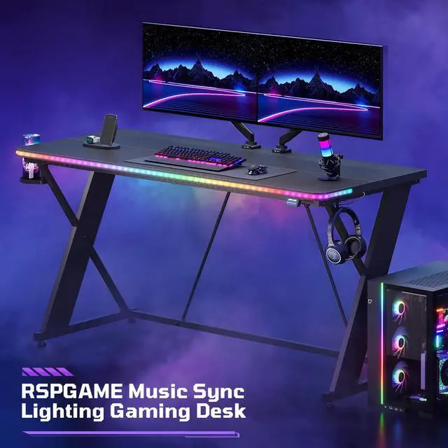 Alt view image 6 of 7 - 55'' Gaming Desk with LED Lights, X-Shaped Frame Computer Desk with Hook Cup Holder & Side Bag, Desk Gamer for Home Office - Black 3D Carbon Fiber