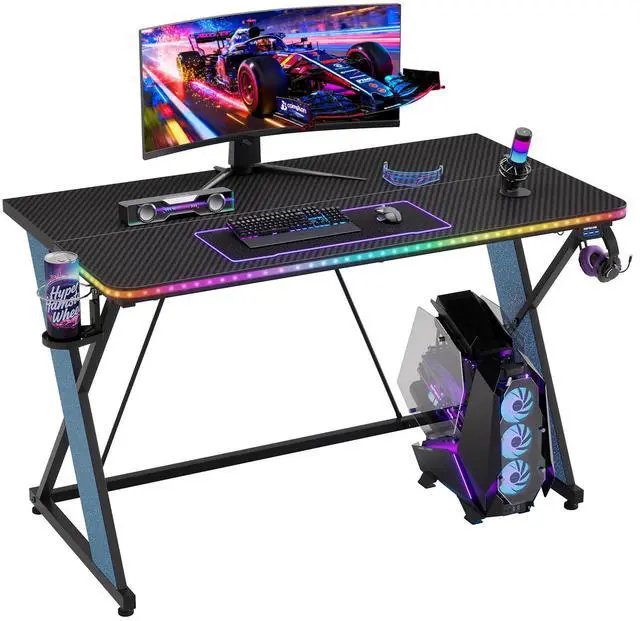 Main image of 43'' Gaming Desk with LED Lights, X-Shaped Frame Computer Desk with Hook Cup Holder & Side Bag, Desk Gamer for Home Office