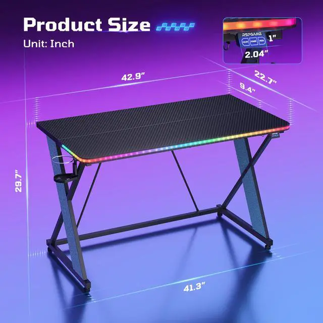 Alt view image 2 of 7 - 43'' Gaming Desk with LED Lights, X-Shaped Frame Computer Desk with Hook Cup Holder & Side Bag, Desk Gamer for Home Office