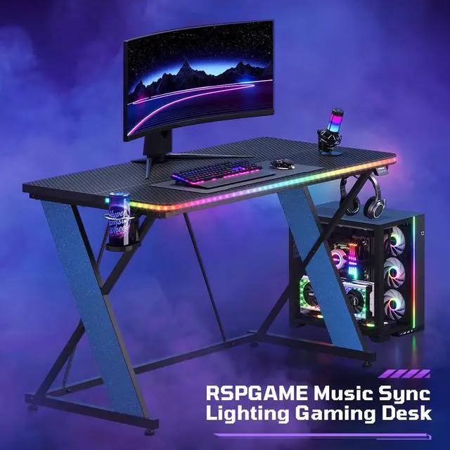 Alt view image 3 of 7 - 43'' Gaming Desk with LED Lights, X-Shaped Frame Computer Desk with Hook Cup Holder & Side Bag, Desk Gamer for Home Office