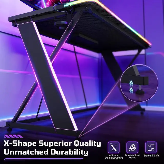 Alt view image 4 of 7 - 43'' Gaming Desk with LED Lights, X-Shaped Frame Computer Desk with Hook Cup Holder & Side Bag, Desk Gamer for Home Office Black 3D Carbon Fiber