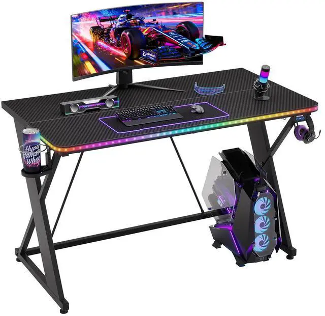 Main image of 43'' Gaming Desk with LED Lights, X-Shaped Frame Computer Desk with Hook Cup Holder & Side Bag, Desk Gamer for Home Office Black 3D Carbon Fiber