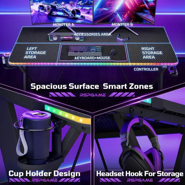 Alt view image 6 of 7 - 43'' Gaming Desk with LED Lights, X-Shaped Frame Computer Desk with Hook Cup Holder & Side Bag, Desk Gamer for Home Office Black 3D Carbon Fiber