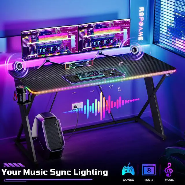 Alt view image 3 of 7 - 43'' Gaming Desk with LED Lights, X-Shaped Frame Computer Desk with Hook Cup Holder & Side Bag, Desk Gamer for Home Office Black 3D Carbon Fiber