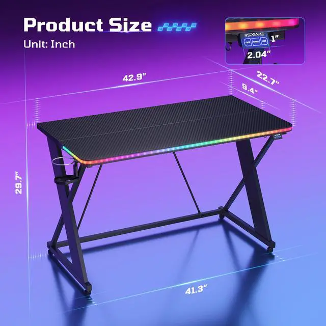 Alt view image 2 of 7 - 43'' Gaming Desk with LED Lights, X-Shaped Frame Computer Desk with Hook Cup Holder & Side Bag, Desk Gamer for Home Office Black 3D Carbon Fiber