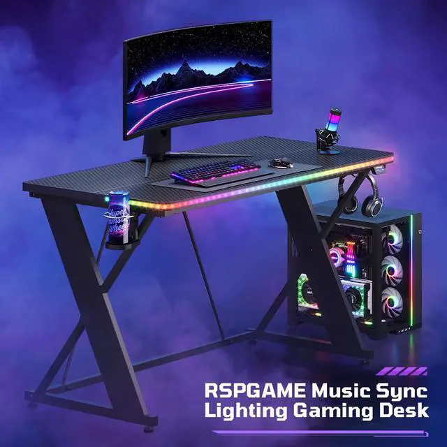 Alt view image 7 of 7 - 43'' Gaming Desk with LED Lights, X-Shaped Frame Computer Desk with Hook Cup Holder & Side Bag, Desk Gamer for Home Office Black 3D Carbon Fiber