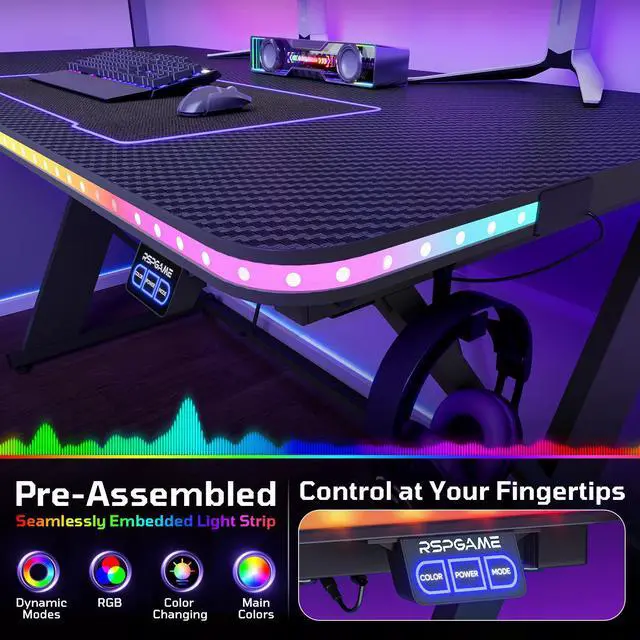 Alt view image 5 of 7 - 43'' Gaming Desk with LED Lights, X-Shaped Frame Computer Desk with Hook Cup Holder & Side Bag, Desk Gamer for Home Office Black 3D Carbon Fiber