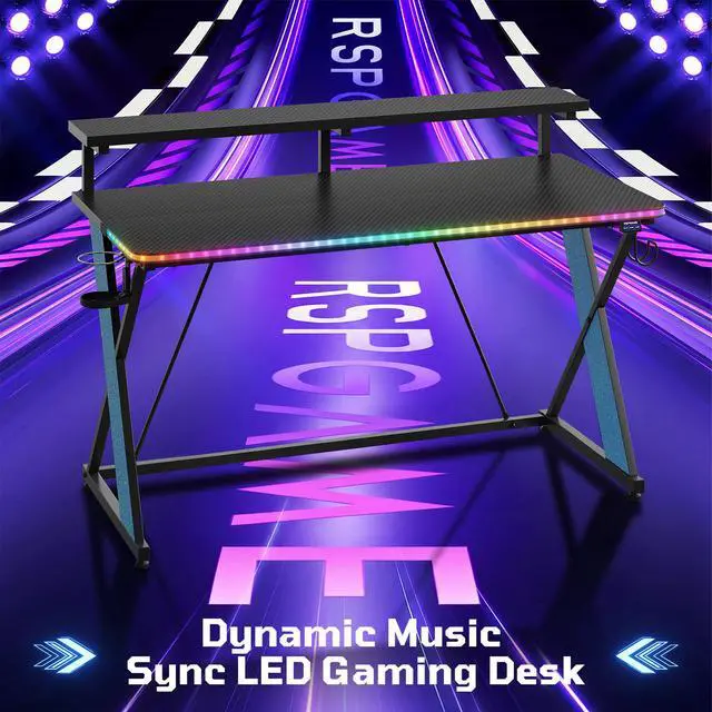 Alt view image 3 of 7 - 47" RGB Gaming Desk with Monitor Stand, Cup Holder & Headphone Hook