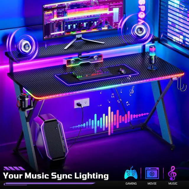 Alt view image 4 of 7 - 47" RGB Gaming Desk with Monitor Stand, Cup Holder & Headphone Hook