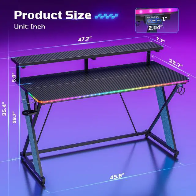 Alt view image 2 of 7 - 47" RGB Gaming Desk with Monitor Stand, Cup Holder & Headphone Hook