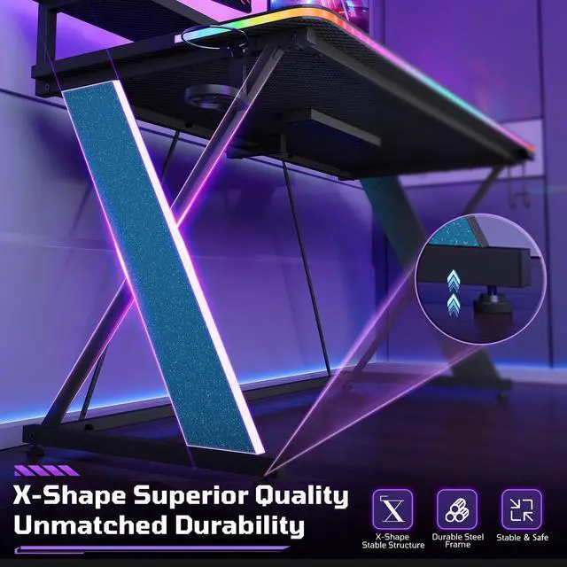 Alt view image 5 of 7 - 47" RGB Gaming Desk with Monitor Stand, Cup Holder & Headphone Hook