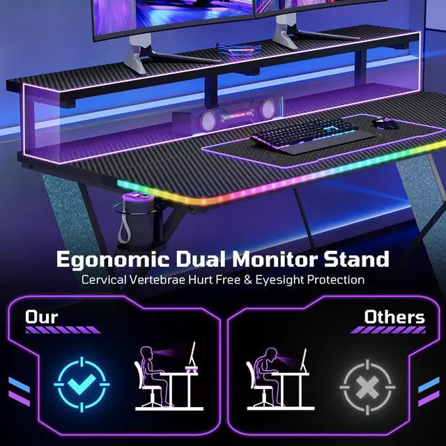 Alt view image 6 of 7 - 47" RGB Gaming Desk with Monitor Stand, Cup Holder & Headphone Hook