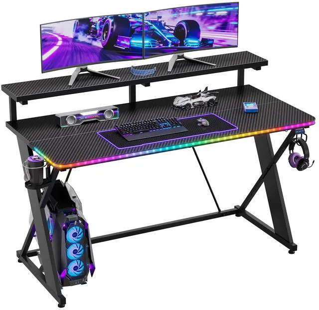 Main image of 47" RGB Gaming Desk with Monitor Stand, Cup Holder & Headphone Hook Black 3D Carbon Fiber
