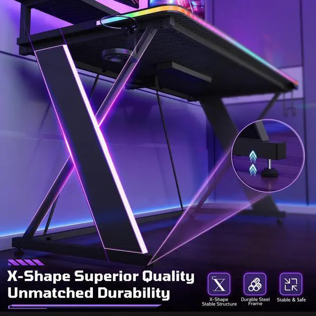 Alt view image 4 of 7 - 47" RGB Gaming Desk with Monitor Stand, Cup Holder & Headphone Hook Black 3D Carbon Fiber