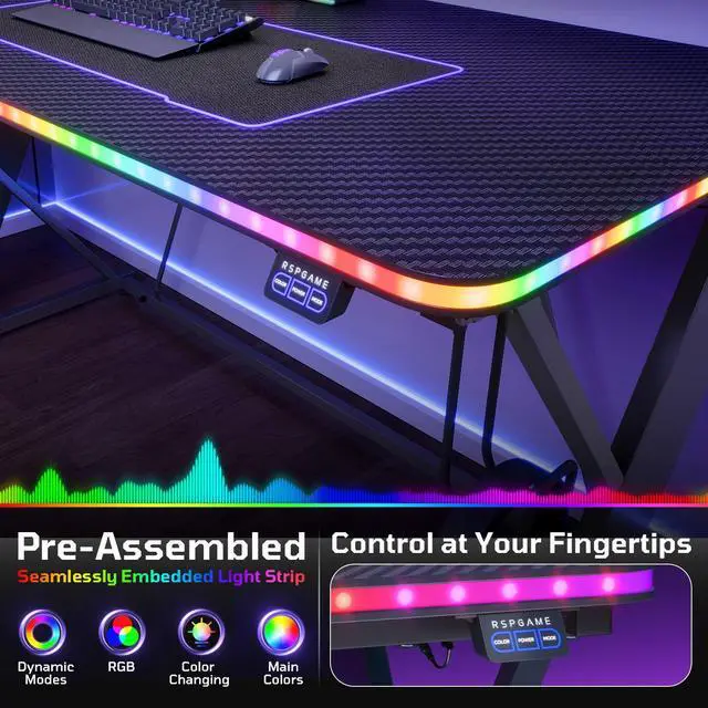Alt view image 6 of 7 - 47" RGB Gaming Desk with Monitor Stand, Cup Holder & Headphone Hook Black 3D Carbon Fiber