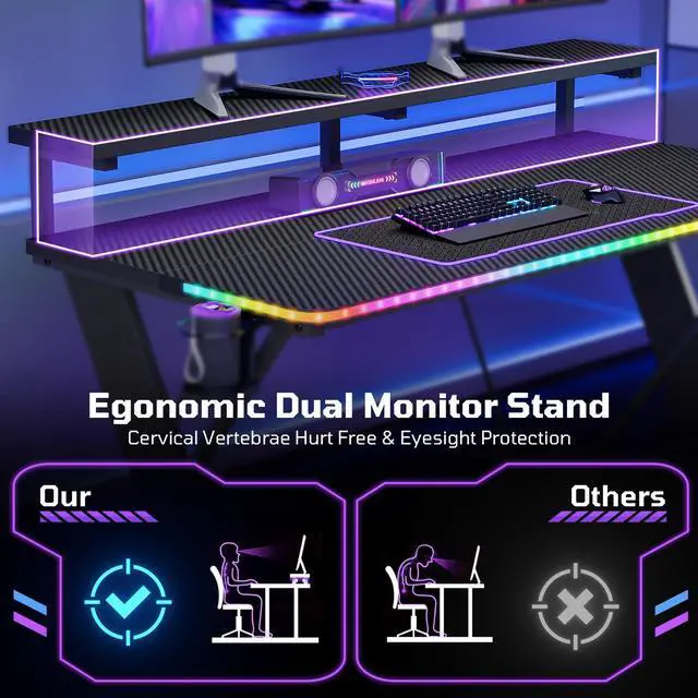 Alt view image 5 of 7 - 47" RGB Gaming Desk with Monitor Stand, Cup Holder & Headphone Hook Black 3D Carbon Fiber