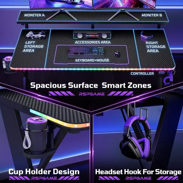 Alt view image 7 of 7 - 47" RGB Gaming Desk with Monitor Stand, Cup Holder & Headphone Hook Black 3D Carbon Fiber