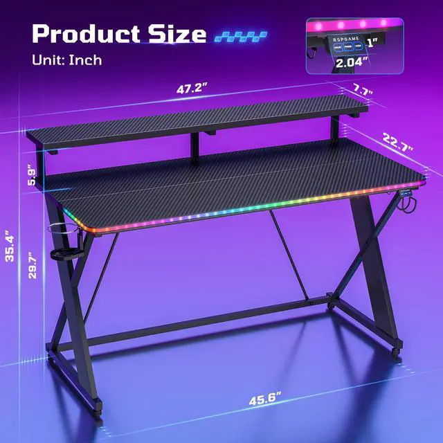 Alt view image 2 of 7 - 47" RGB Gaming Desk with Monitor Stand, Cup Holder & Headphone Hook Black 3D Carbon Fiber