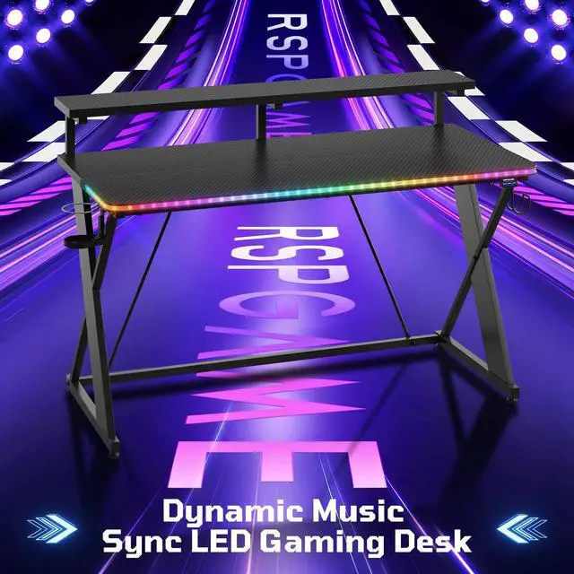 Alt view image 3 of 7 - 47" RGB Gaming Desk with Monitor Stand, Cup Holder & Headphone Hook Black 3D Carbon Fiber