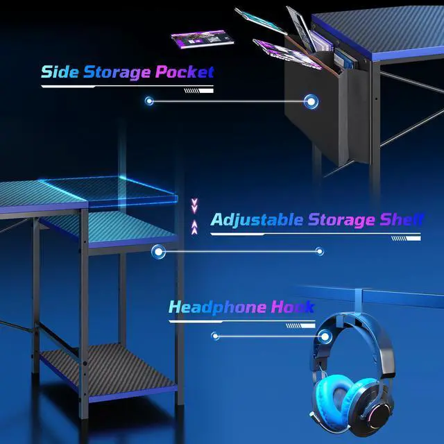 Alt view image 6 of 7 - 60'' Gaming Desk with Monitor Shelf & Storage Drawer, Ergonomic LED Lights Computer Desk for Home Office