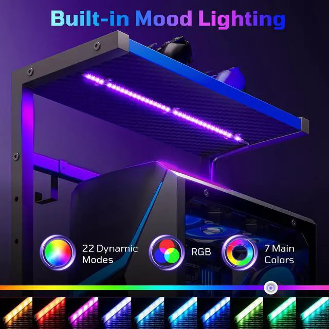Alt view image 5 of 7 - 60'' Gaming Desk with Monitor Shelf & Storage Drawer, Ergonomic LED Lights Computer Desk for Home Office