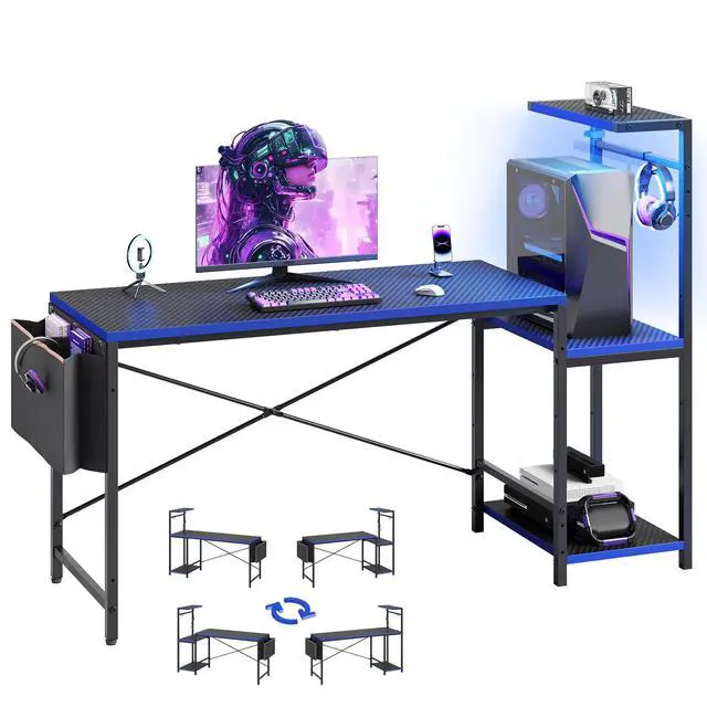 Alt view image 7 of 7 - 60'' Gaming Desk with Monitor Shelf & Storage Drawer, Ergonomic LED Lights Computer Desk for Home Office