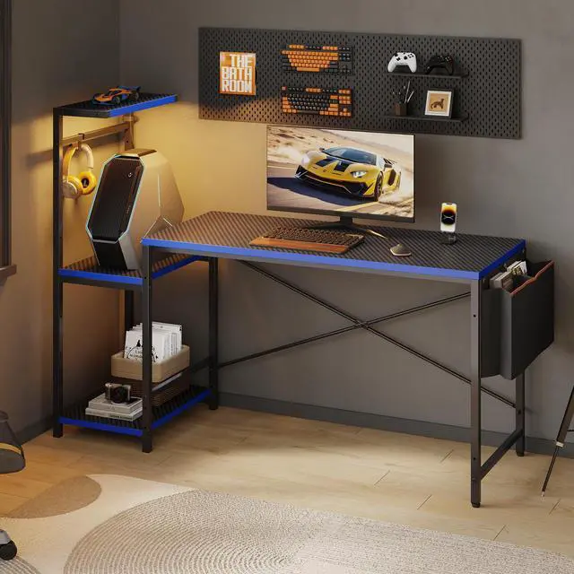 Alt view image 2 of 7 - 60'' Gaming Desk with Monitor Shelf & Storage Drawer, Ergonomic LED Lights Computer Desk for Home Office