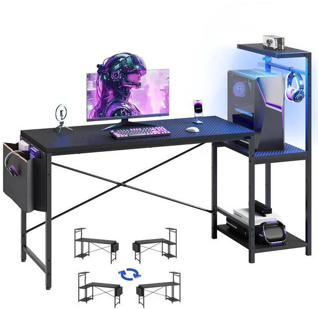Main image of 60'' Gaming Desk with Monitor Shelf & Storage Drawer, Ergonomic LED Lights Computer Desk for Home Office Black 3D Carbon Fiber