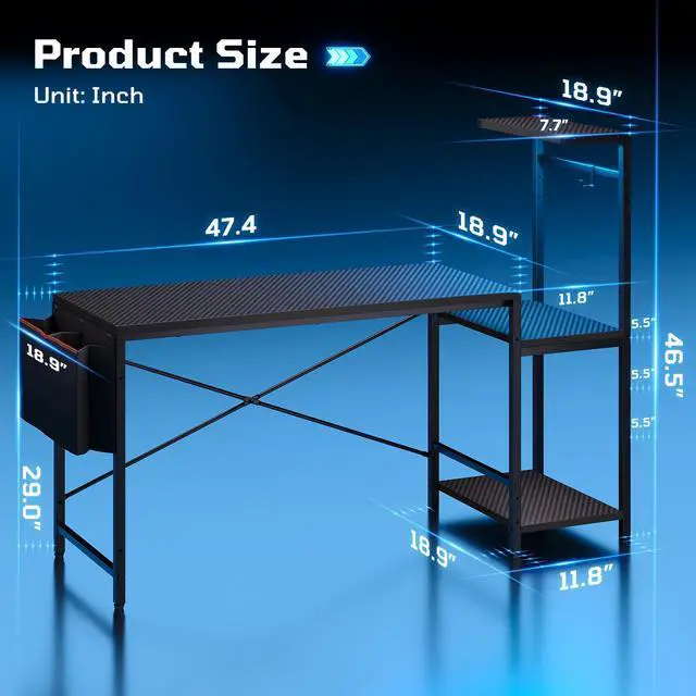 Alt view image 2 of 7 - 60'' Gaming Desk with Monitor Shelf & Storage Drawer, Ergonomic LED Lights Computer Desk for Home Office Black 3D Carbon Fiber