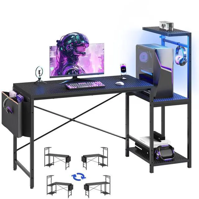 Alt view image 7 of 7 - 51.3'' Gaming Desk with LED & Storage Drawer Ergonomic Computer Desk Headphone Hook, PC Gaming Desk for Home Office