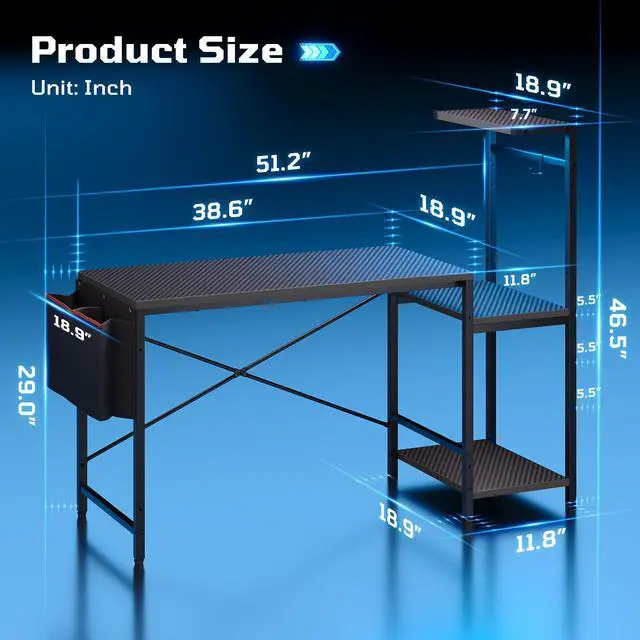 Alt view image 3 of 7 - 51.3'' Gaming Desk with LED & Storage Drawer Ergonomic Computer Desk Headphone Hook, PC Gaming Desk for Home Office