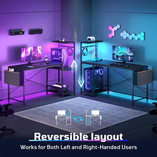 Alt view image 4 of 7 - 51.3'' Gaming Desk with LED & Storage Drawer Ergonomic Computer Desk Headphone Hook, PC Gaming Desk for Home Office
