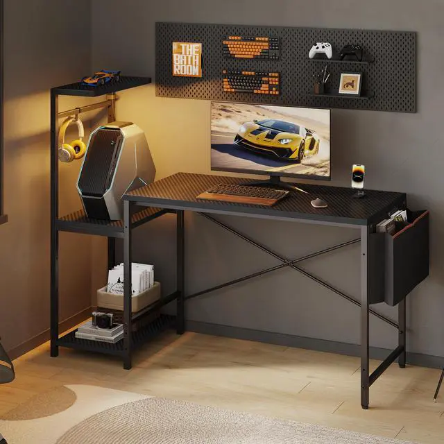Alt view image 2 of 7 - 51.3'' Gaming Desk with LED & Storage Drawer Ergonomic Computer Desk Headphone Hook, PC Gaming Desk for Home Office