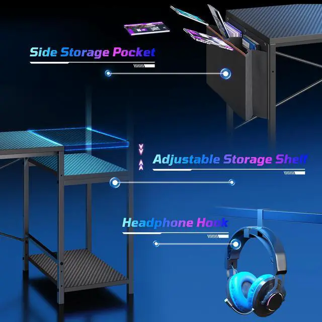 Alt view image 6 of 7 - 51.3'' Gaming Desk with LED & Storage Drawer Ergonomic Computer Desk Headphone Hook, PC Gaming Desk for Home Office