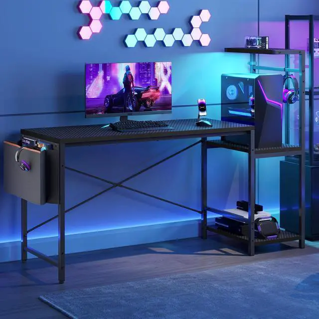 Alt view image 3 of 7 - 60'' Gaming Desk with Monitor Shelf & Storage Drawer, Ergonomic LED Lights Computer Desk for Home Office Black 3D Carbon Fiber