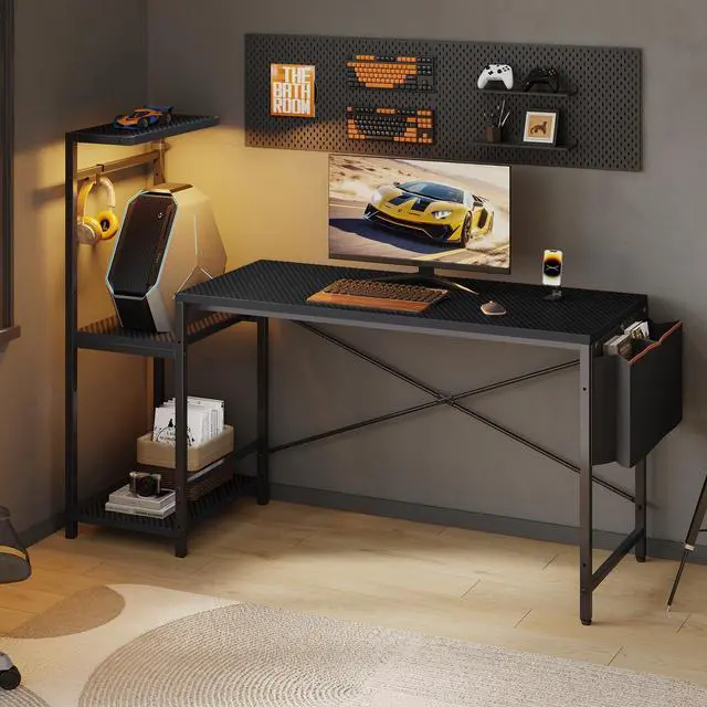 Main image of 60'' Gaming Desk with Monitor Shelf & Storage Drawer, Ergonomic LED Lights Computer Desk for Home Office Black 3D Carbon Fiber