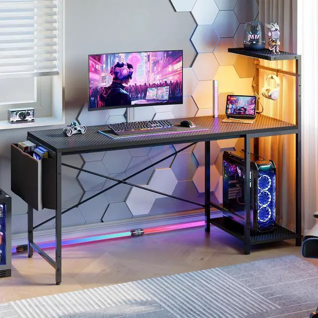 Alt view image 2 of 7 - 60'' Gaming Desk with Monitor Shelf & Storage Drawer, Ergonomic LED Lights Computer Desk for Home Office Black 3D Carbon Fiber