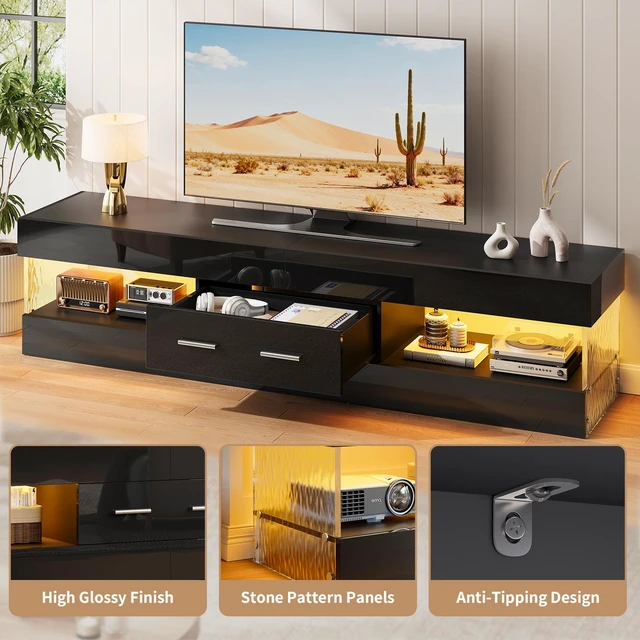 Alt view image 4 of 7 - Bestier 67 Inch TV Stand for 75 Inch TVs, Entertainment Center with Storage Drawer and LED Lights - Glossy Black