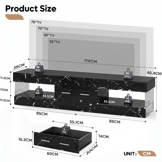 Alt view image 2 of 7 - Bestier 67 Inch TV Stand for 75 Inch TVs, Entertainment Center with Storage Drawer and LED Lights - Black Marble Glossy PU Paper