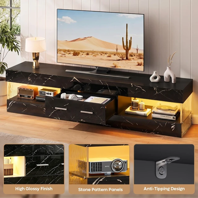 Alt view image 4 of 7 - Bestier 67 Inch TV Stand for 75 Inch TVs, Entertainment Center with Storage Drawer and LED Lights - Black Marble Glossy PU Paper