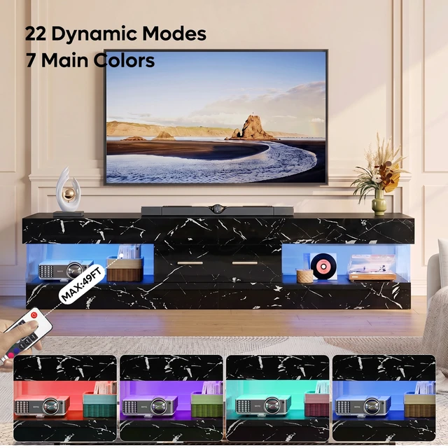 Alt view image 3 of 7 - Bestier 67 Inch TV Stand for 75 Inch TVs, Entertainment Center with Storage Drawer and LED Lights - Black Marble Glossy PU Paper