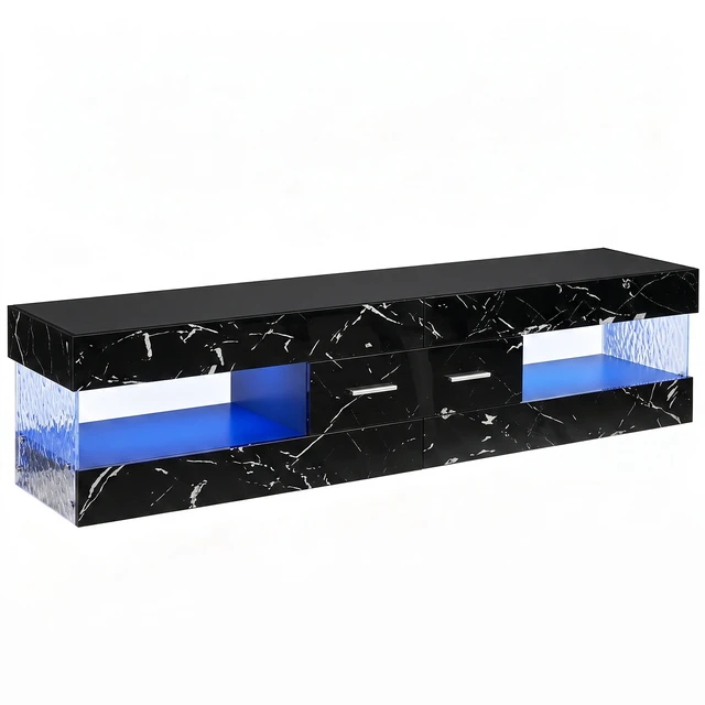 Alt view image 5 of 7 - Bestier 67 Inch TV Stand for 75 Inch TVs, Entertainment Center with Storage Drawer and LED Lights - Black Marble Glossy PU Paper