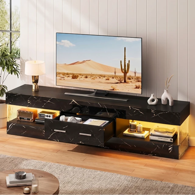 Alt view image 7 of 7 - Bestier 67 Inch TV Stand for 75 Inch TVs, Entertainment Center with Storage Drawer and LED Lights - Black Marble Glossy PU Paper