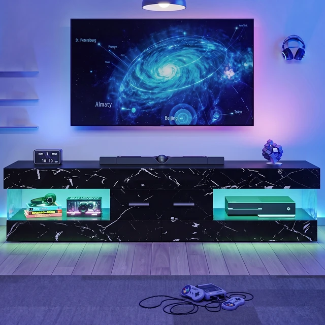 Alt view image 6 of 7 - Bestier 67 Inch TV Stand for 75 Inch TVs, Entertainment Center with Storage Drawer and LED Lights - Black Marble Glossy PU Paper