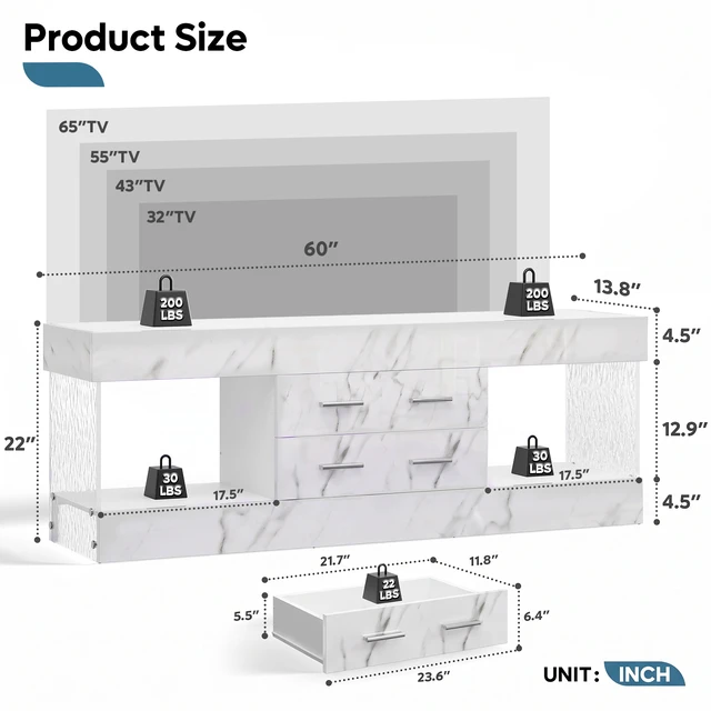 Alt view image 2 of 7 - 60 inch W Marble TV Stand for TVs up to 65", Modern High Gloss Entertainment Center for TVs with LED Light and Storage Drawers