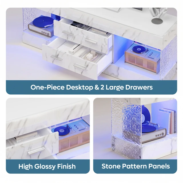 Alt view image 3 of 7 - 60 inch W Marble TV Stand for TVs up to 65", Modern High Gloss Entertainment Center for TVs with LED Light and Storage Drawers