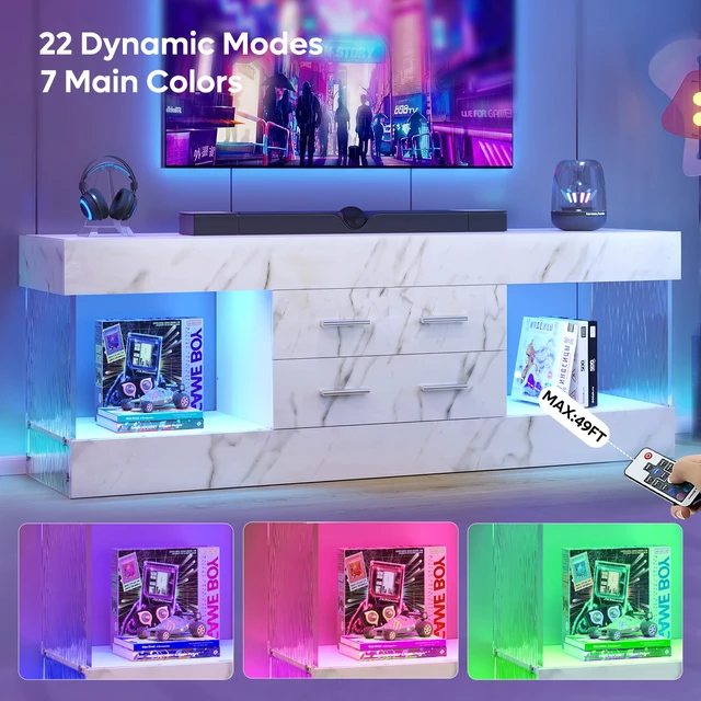 Alt view image 4 of 7 - 60 inch W Marble TV Stand for TVs up to 65", Modern High Gloss Entertainment Center for TVs with LED Light and Storage Drawers
